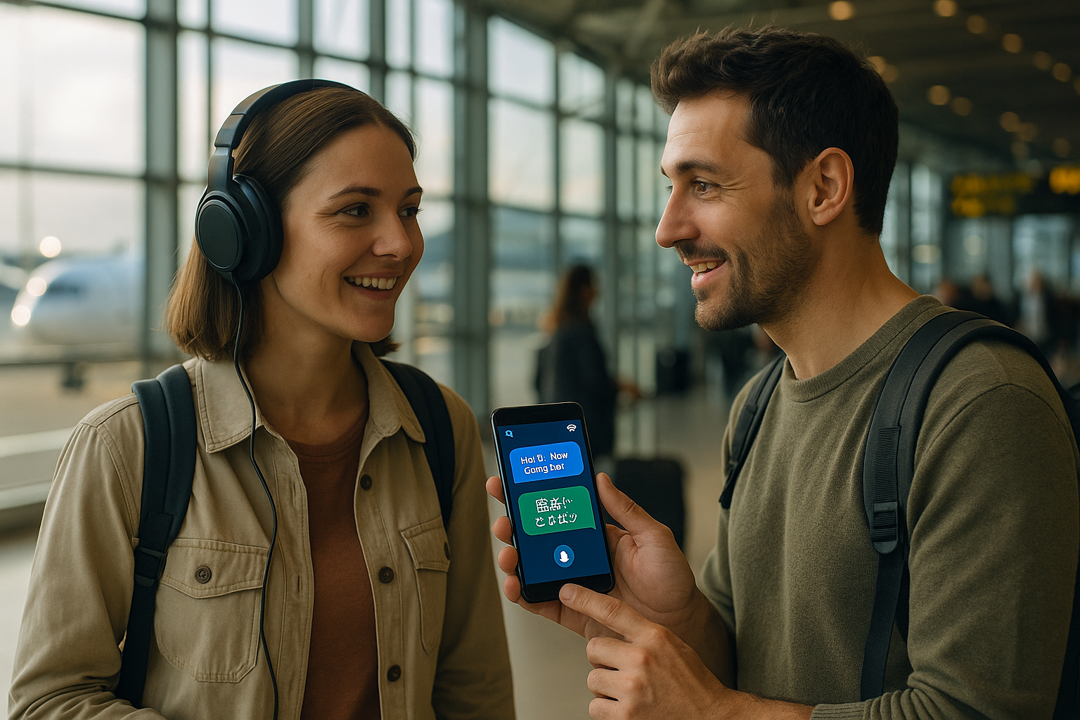 AI翻訳アプリを使う旅行者のシーン