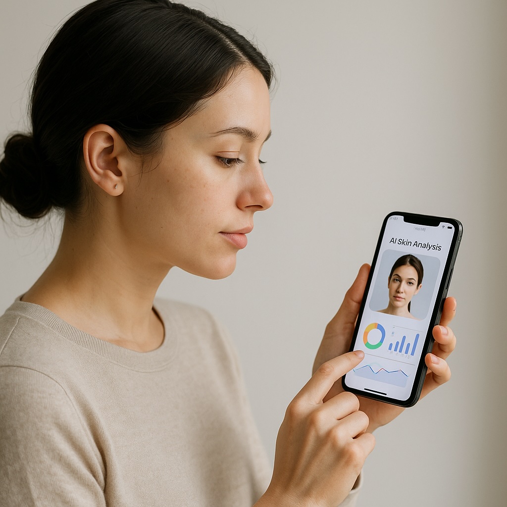 肌診断AIアプリを使って自分の肌をチェックする女性