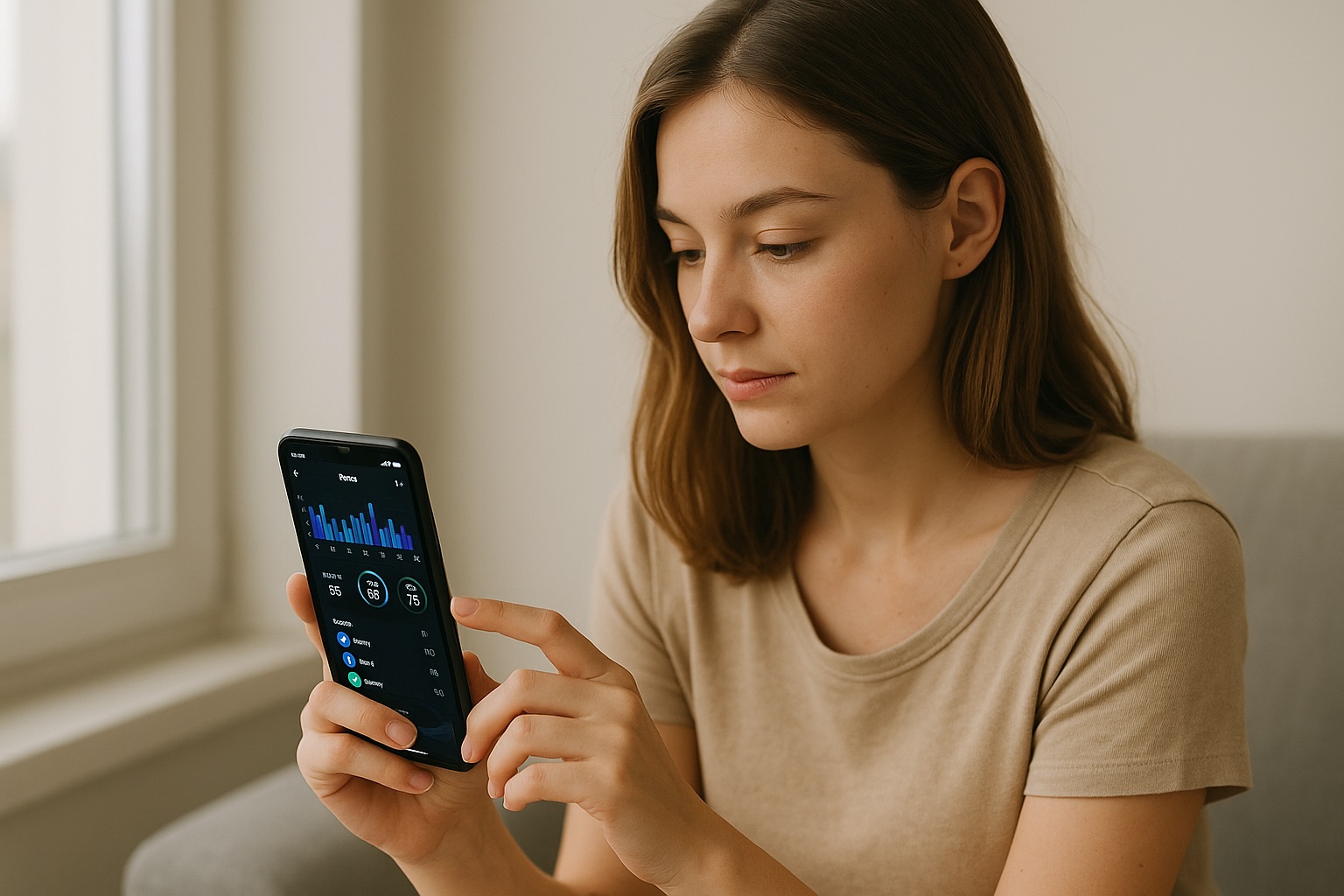 AI健康管理アプリで睡眠データを確認する女性のイメージ
