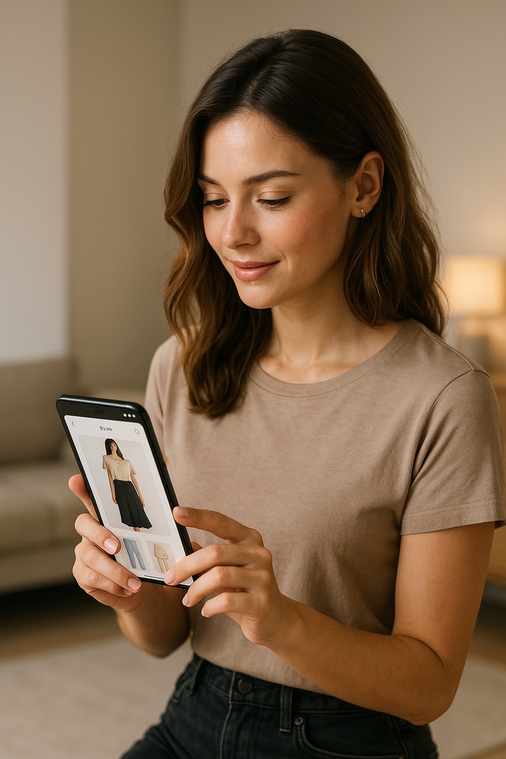 スマートフォンでAIコーデ提案を受ける女性のイメージ