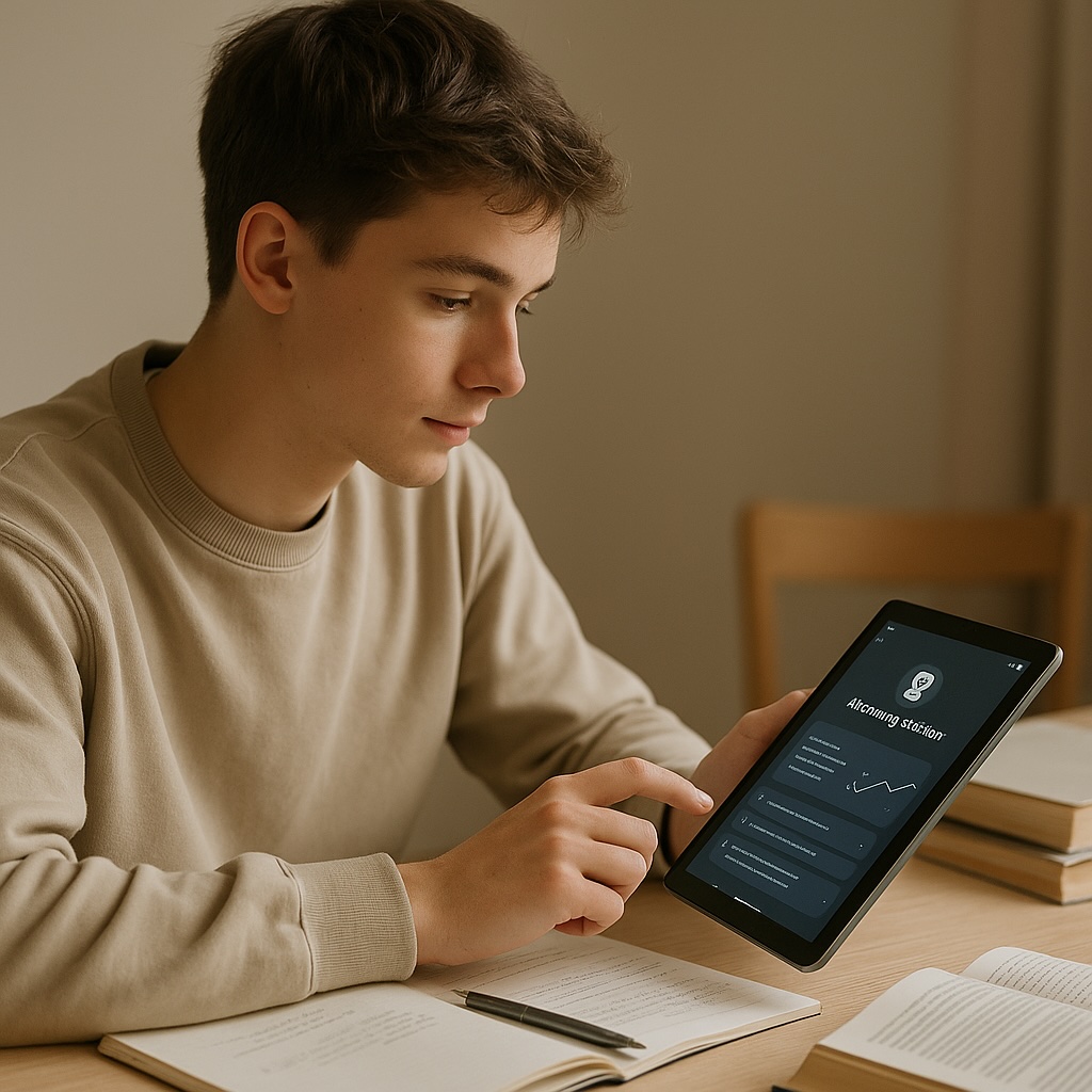 AI学習支援アプリを使って勉強する学生のイメージ