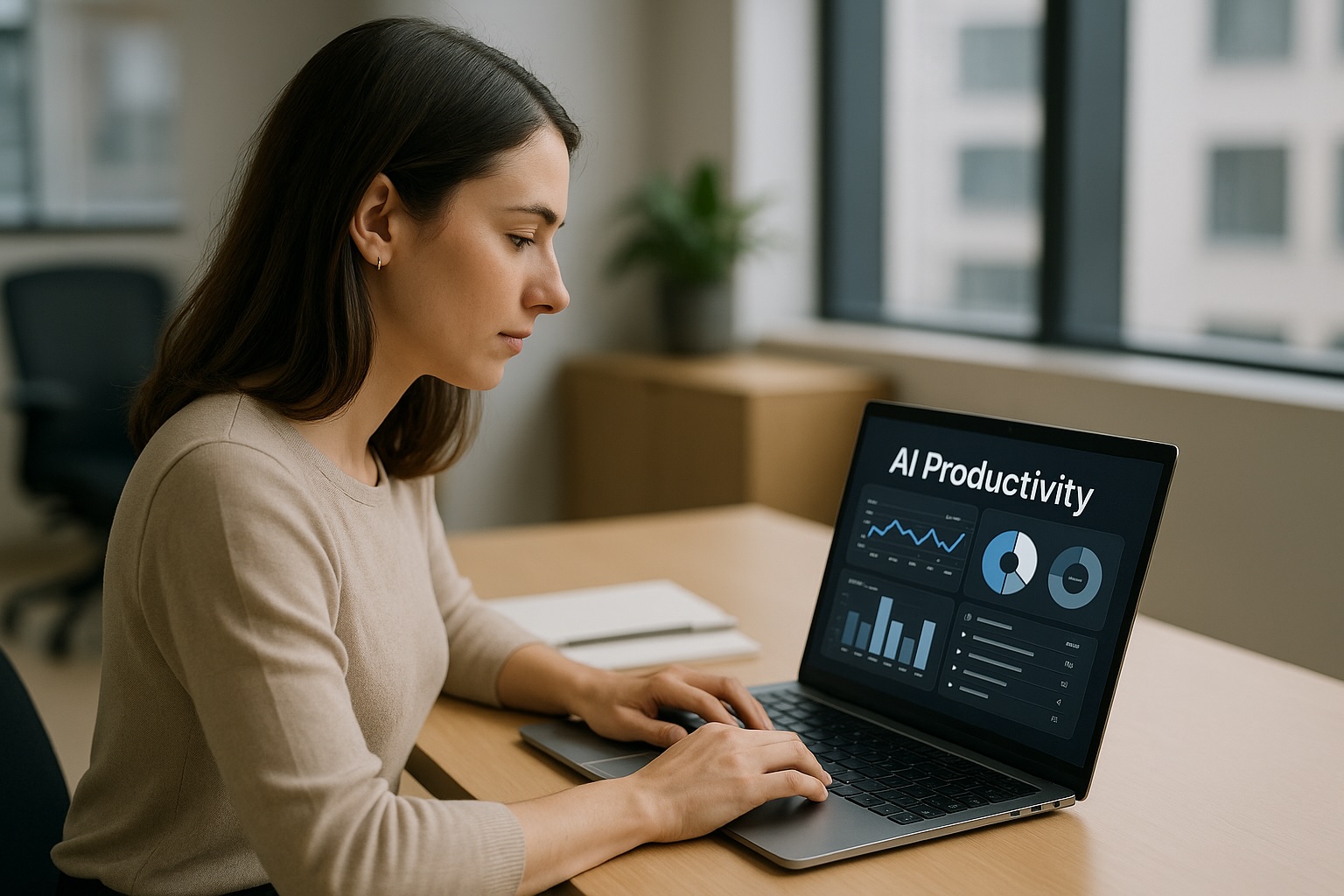 若いプロフェッショナルがノートパソコンでAI生産性アプリを使う様子