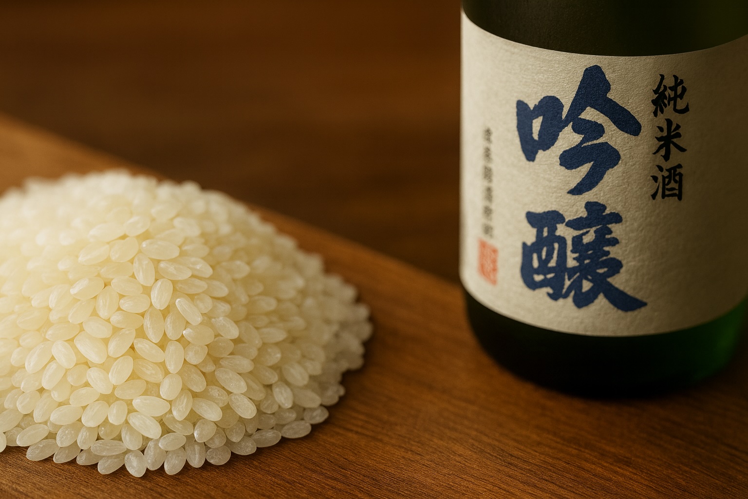 精米された酒米のアップと吟醸酒のボトル