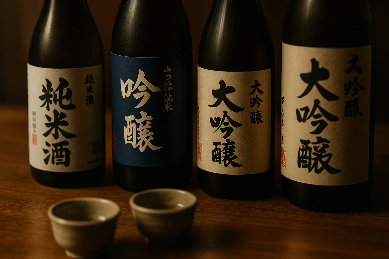 日本酒の瓶のラベルと酒器が並ぶイメージ