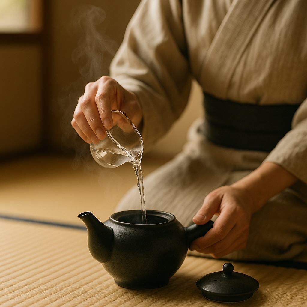 湯冷ましを使って緑茶をまろやかに淹れる様子