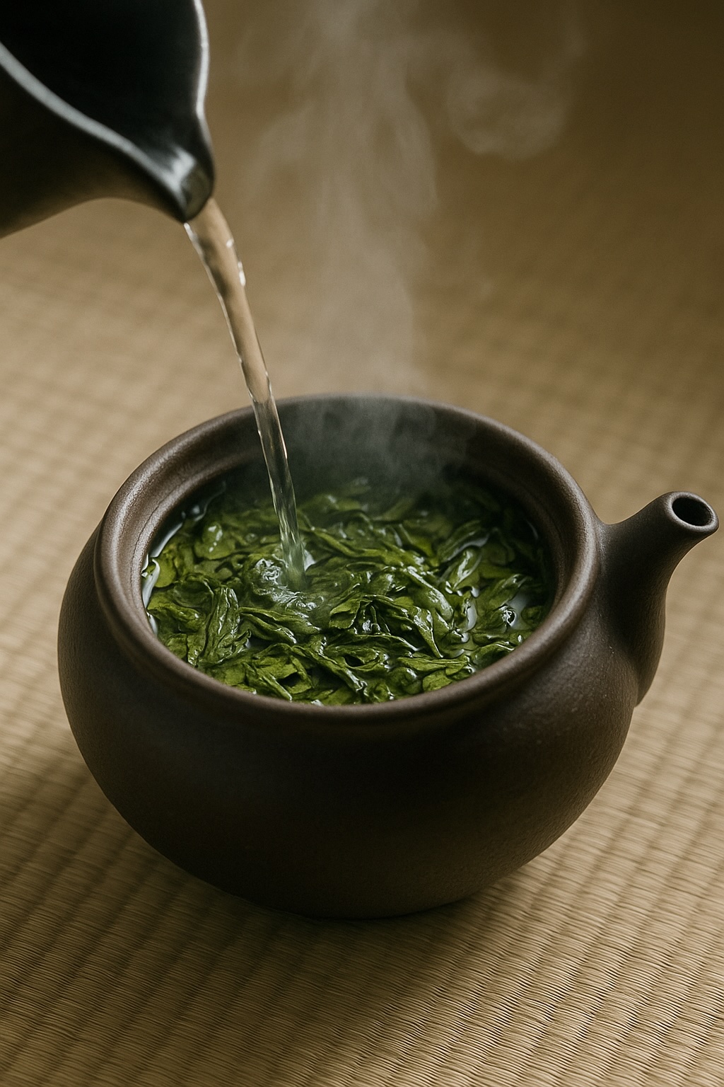 茶葉がゆっくりと開く様子と急須から立ち上がる湯気