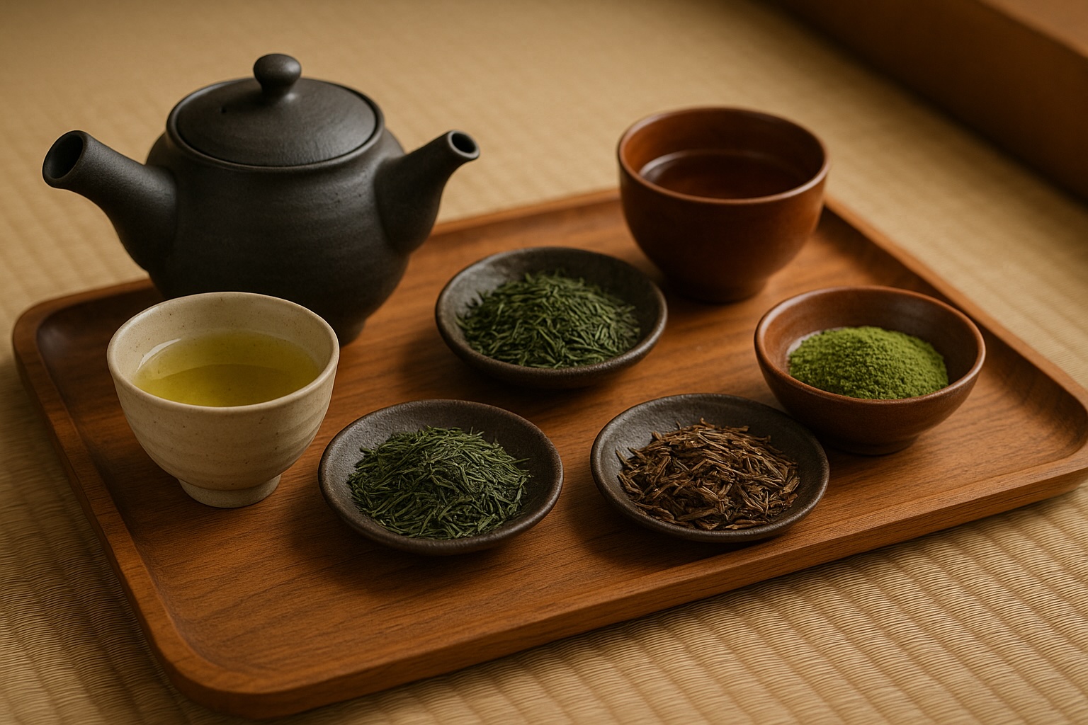 茶畑に広がる煎茶の若葉と急須