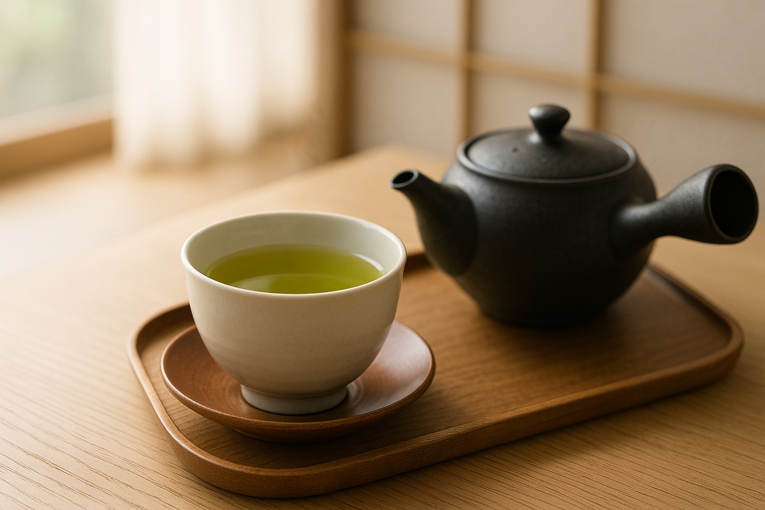 静岡の茶畑と湯呑みに注がれた煎茶のイメージ