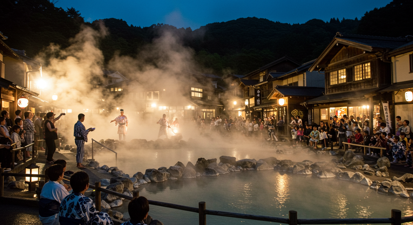 湯畑の夜景と湯もみの雰囲気を表現したAI画像