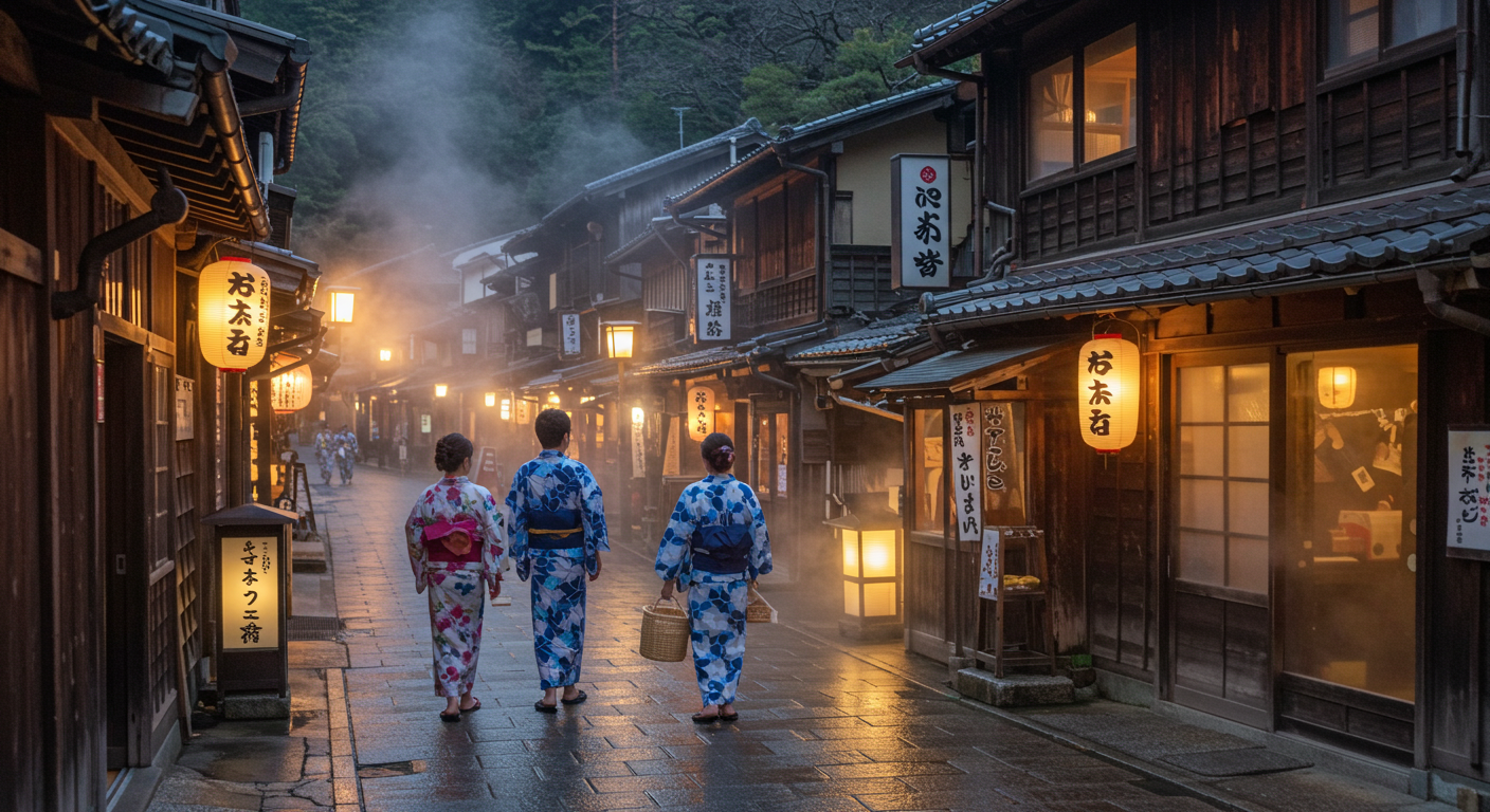 浴衣で石畳の温泉街を歩く雰囲気を表現したAI画像