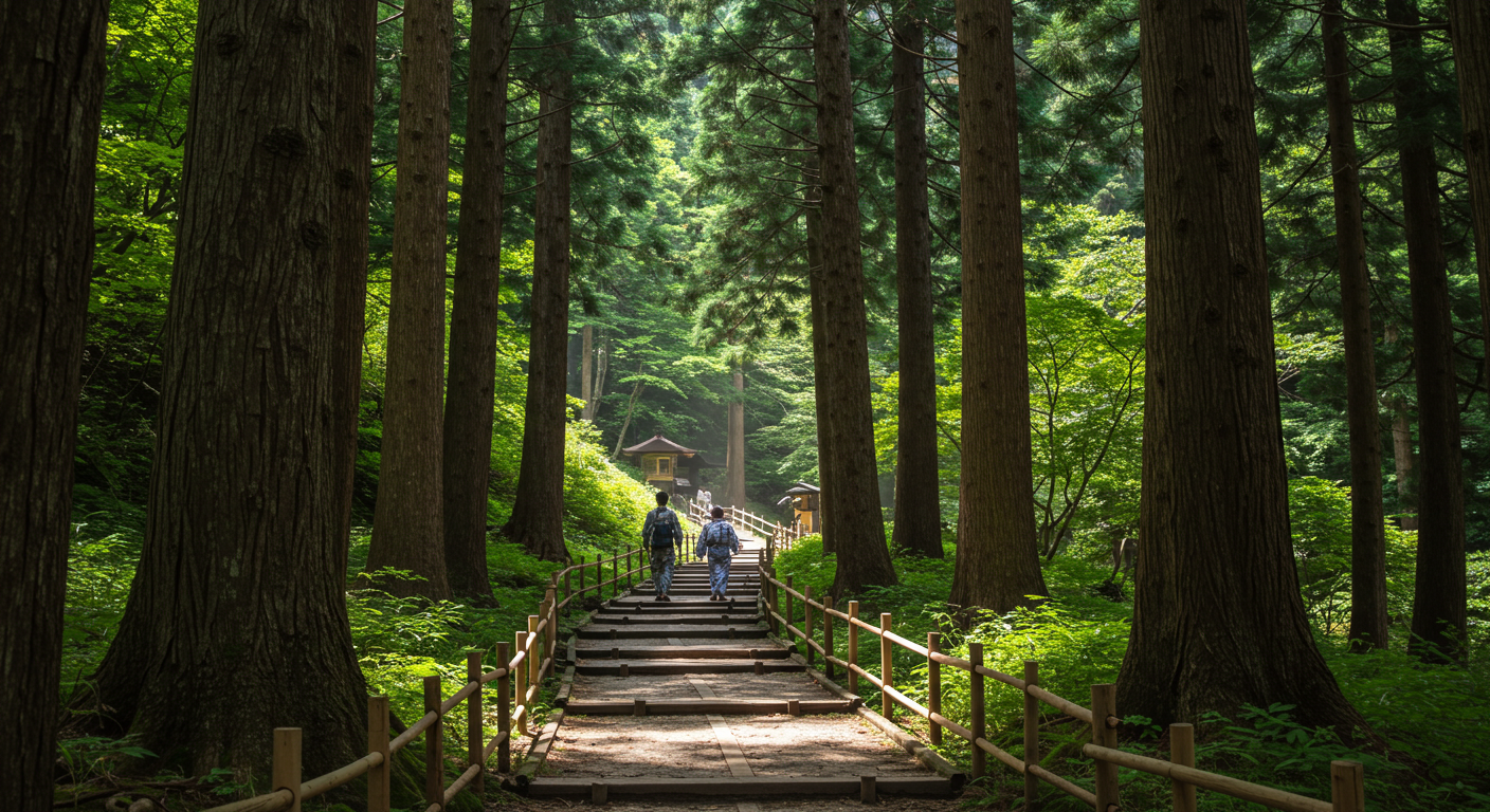 木漏れ日の遊歩道を歩く癒し散策の雰囲気を表現したAI画像