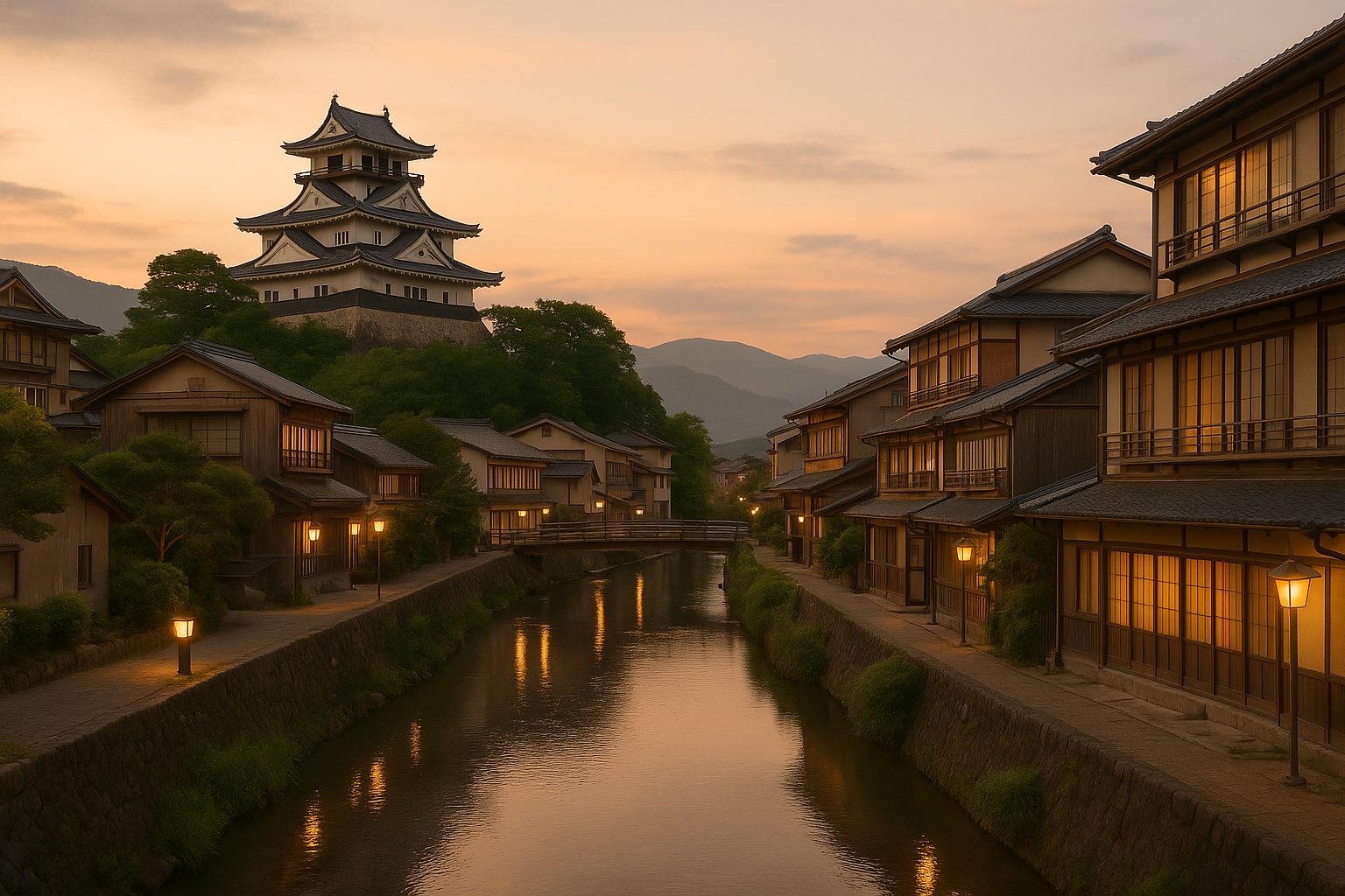 上山城と温泉街の風景